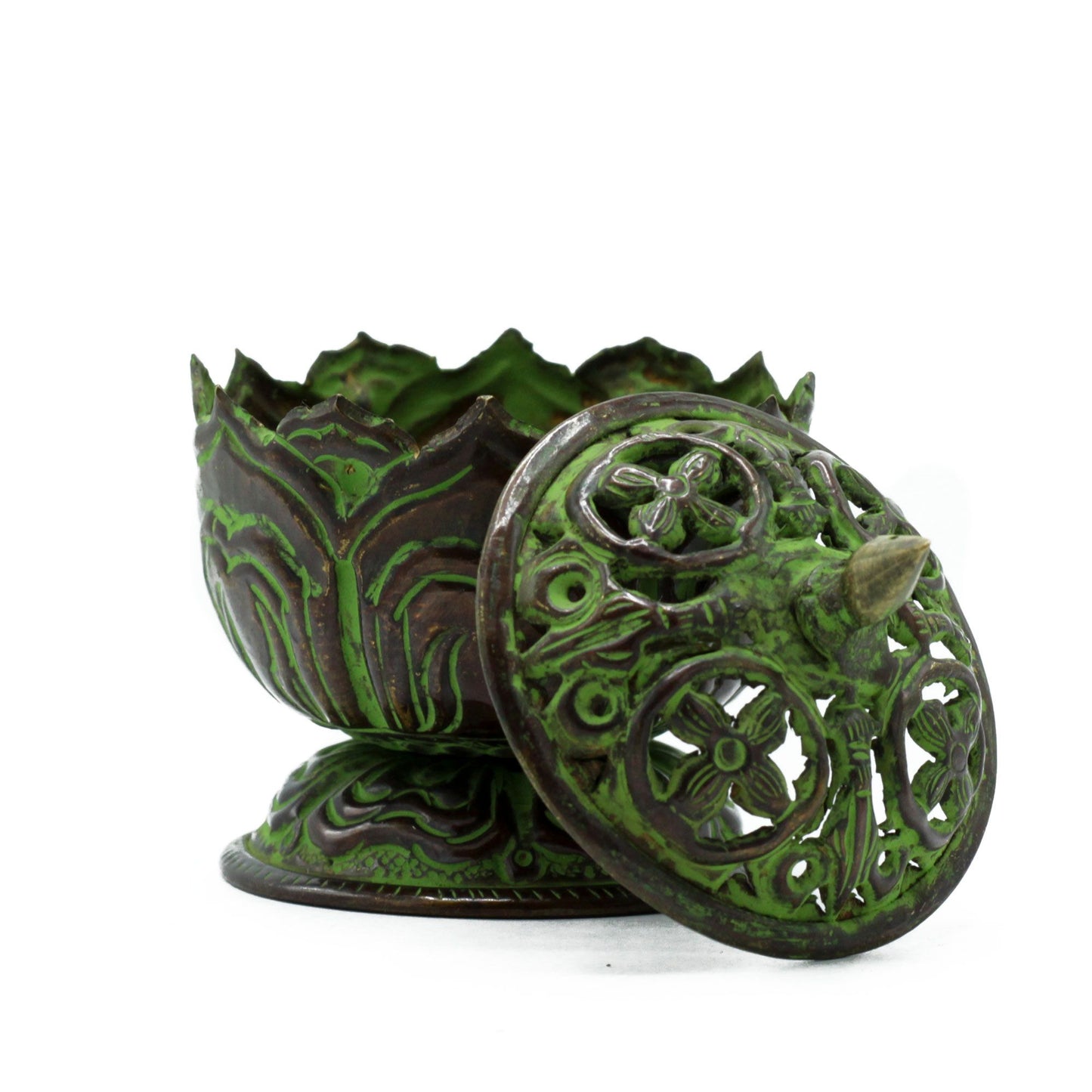 Tibetan Verdigris Brass Incense Burner - Small Lotus