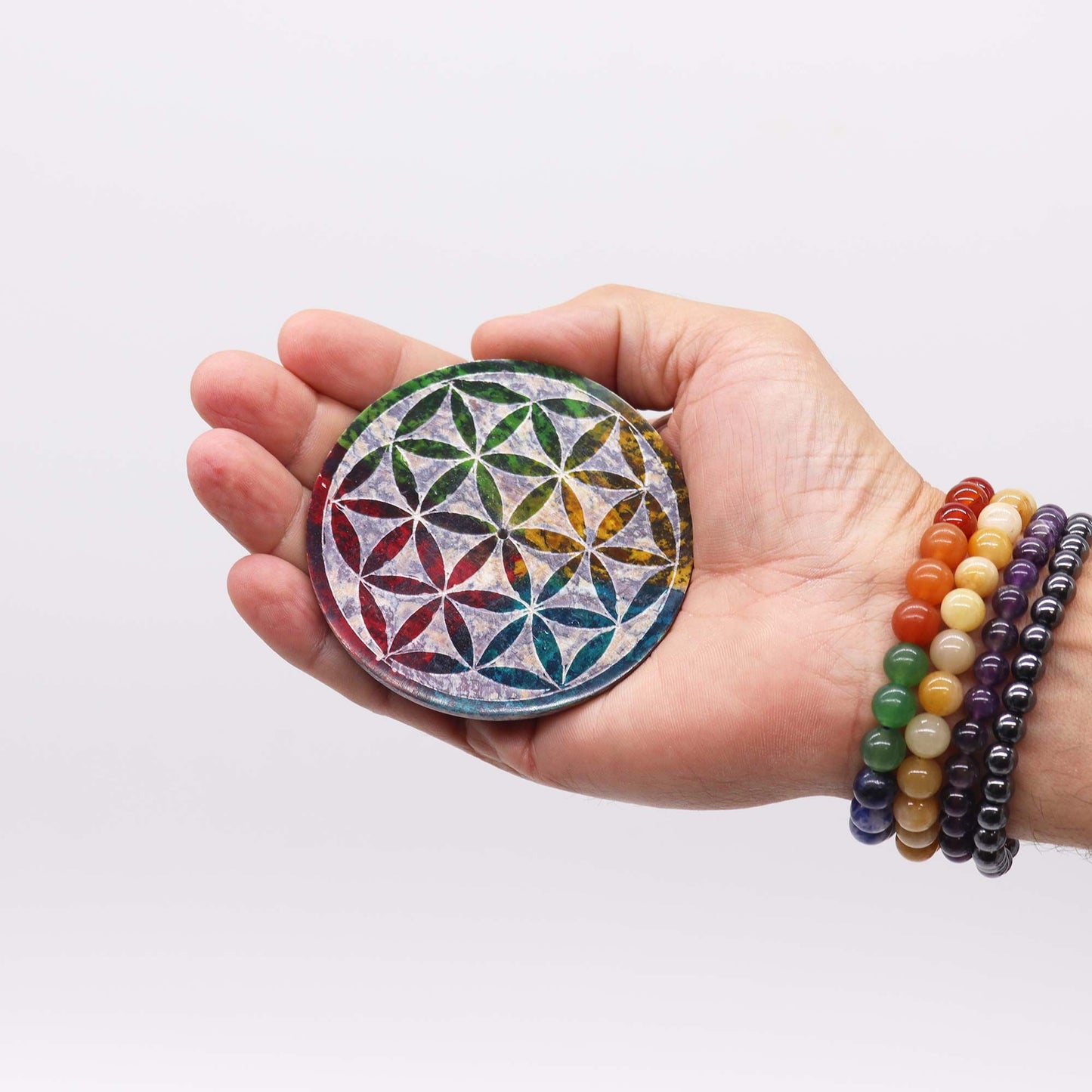 Soapstone Disc Incense Holder 8cm - Flower of Life