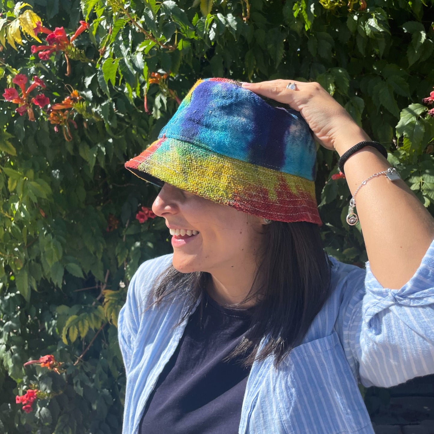 Boho hemp and cotton festival hat with patches - Tiedye