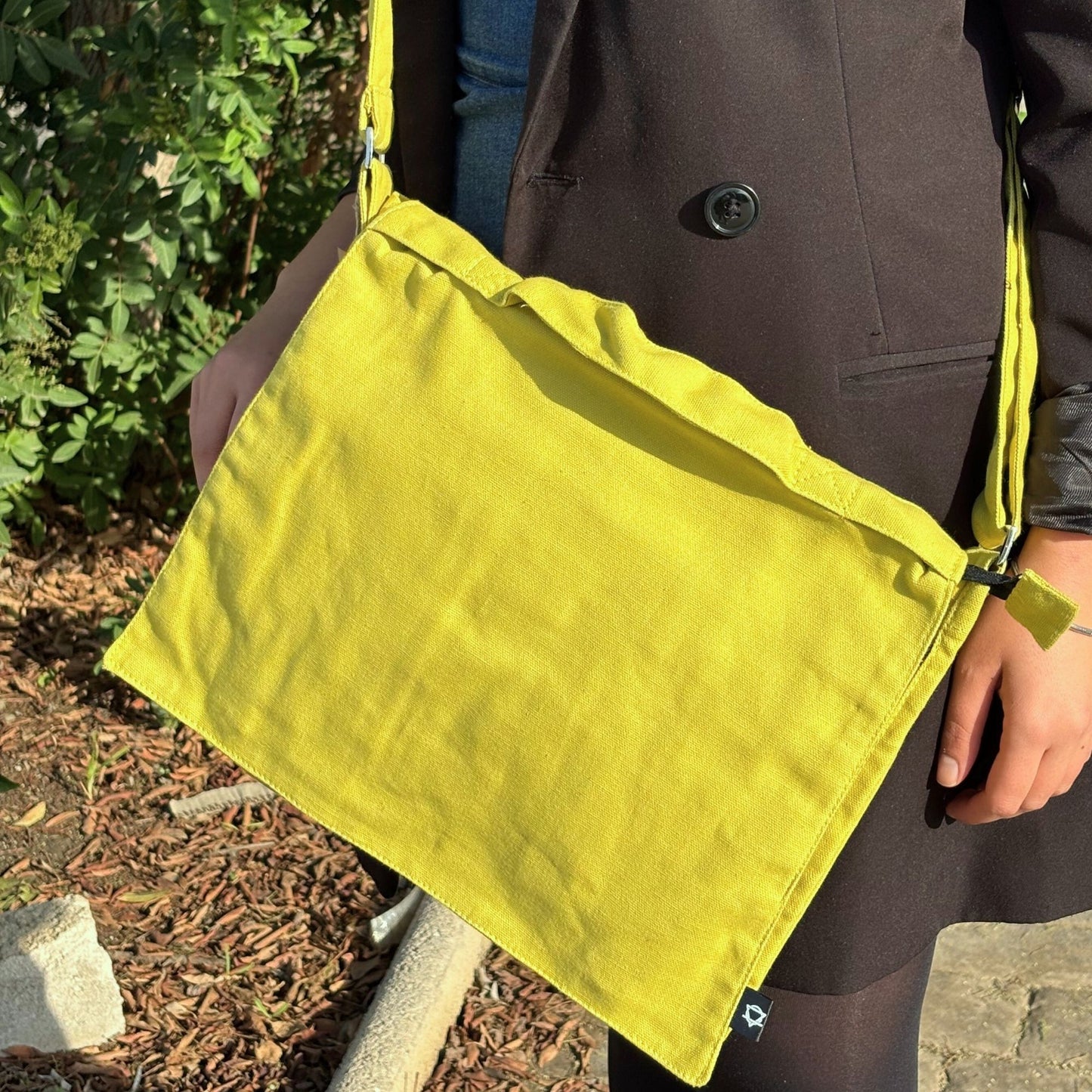 Bolsa Mensajera de Algodón Lona para Portátil - Mostaza