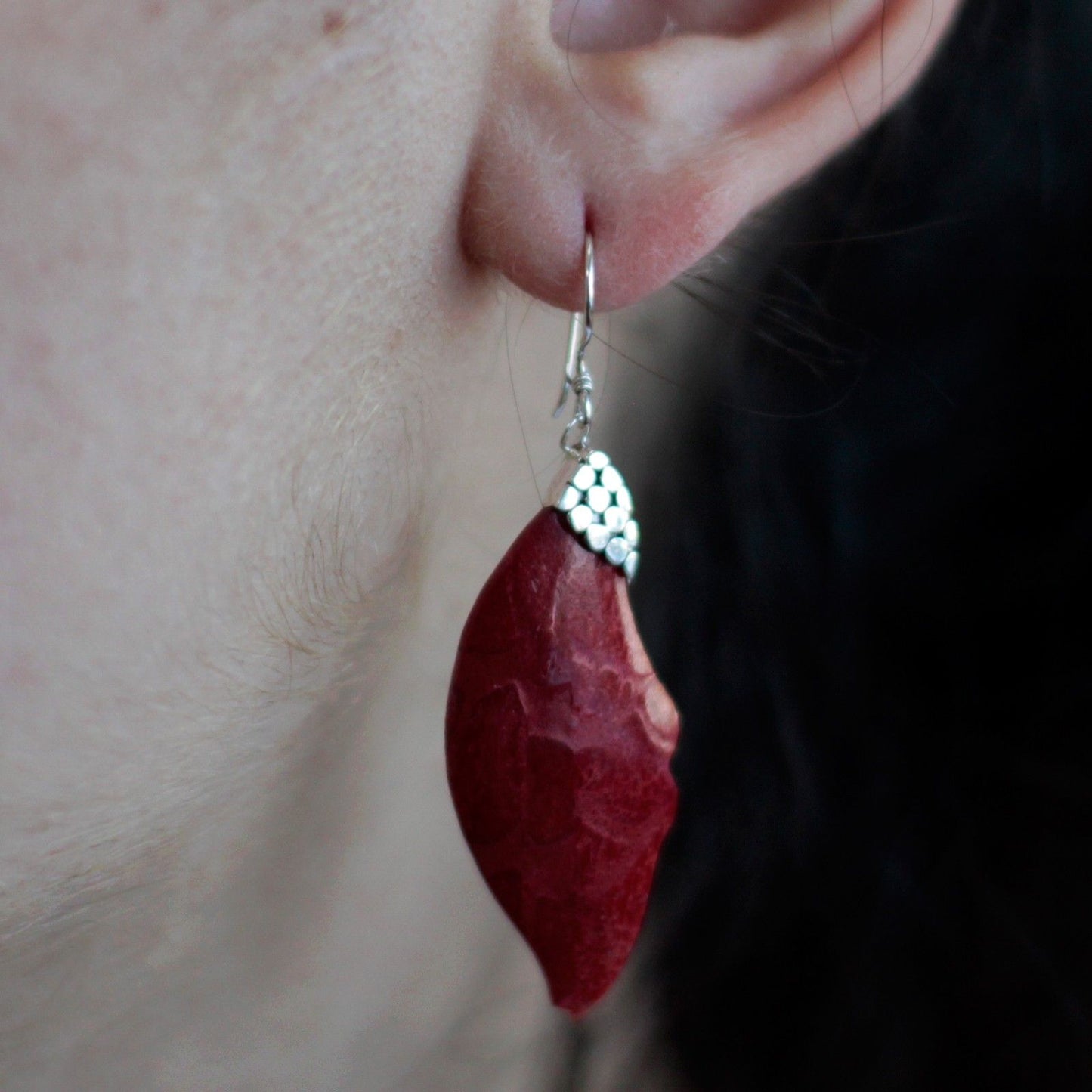 Silver and coral earrings - Falling leaves