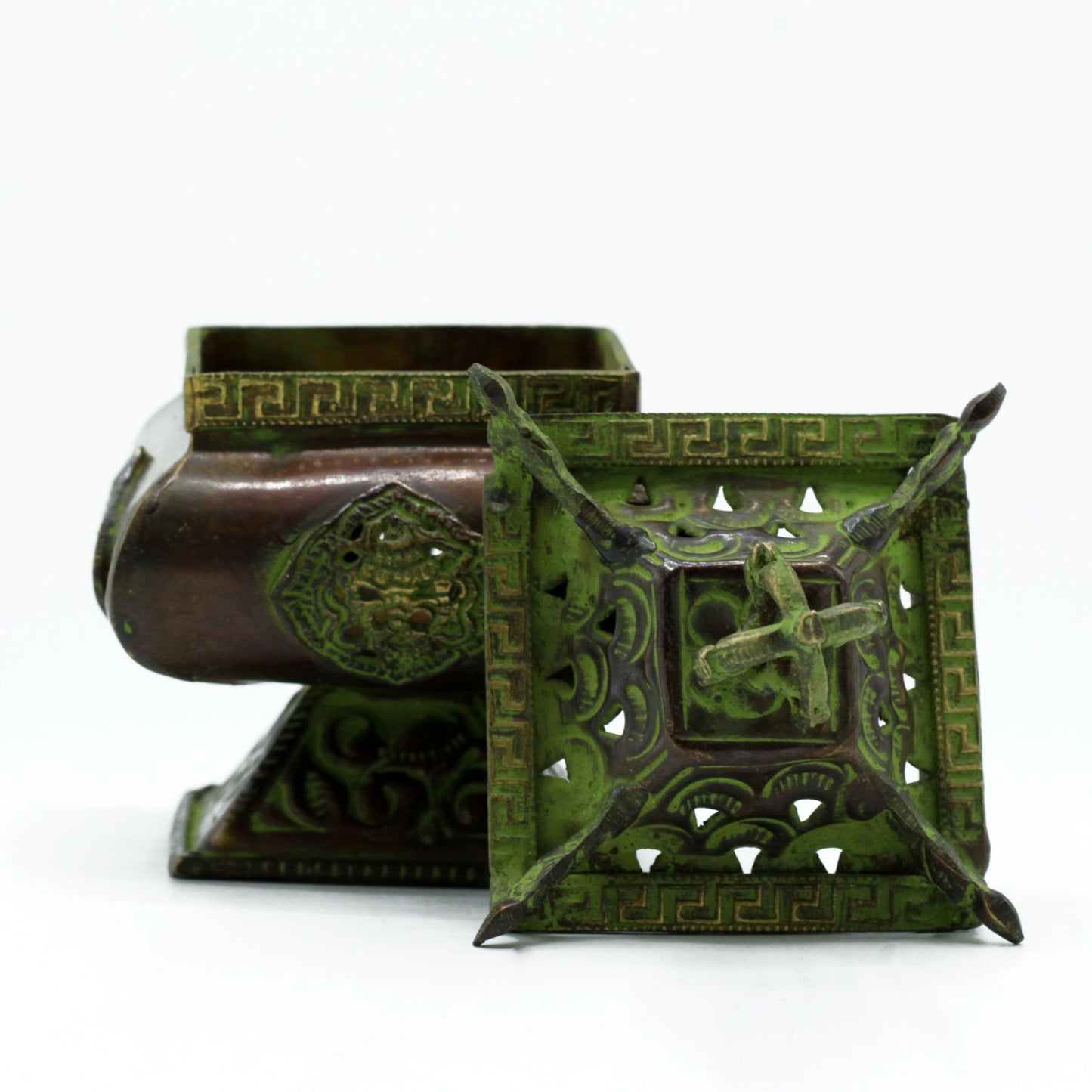 Tibetan Verdigris Brass Burner - Four Symbols Standing Pot