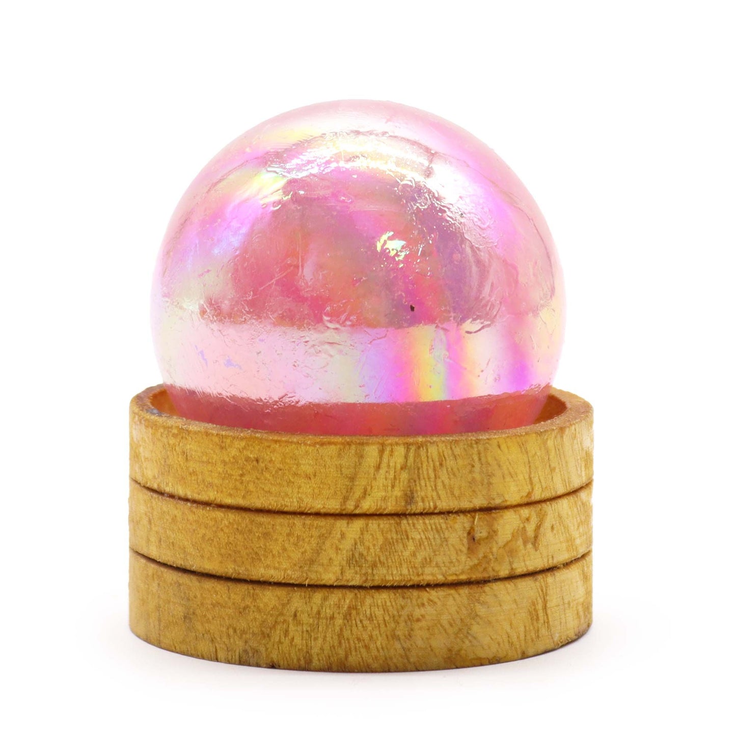 Sphère en cristal de quartz rose de 50 mm avec aura en titane et support