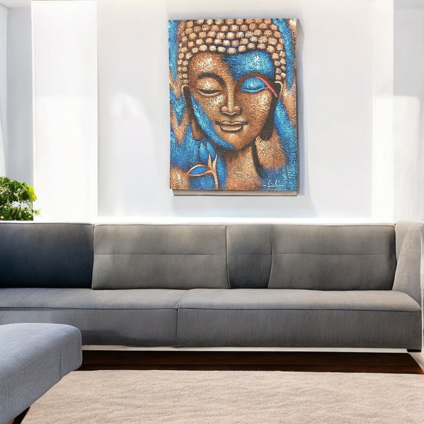 Buddha Painting - Bronze and Blue Flower