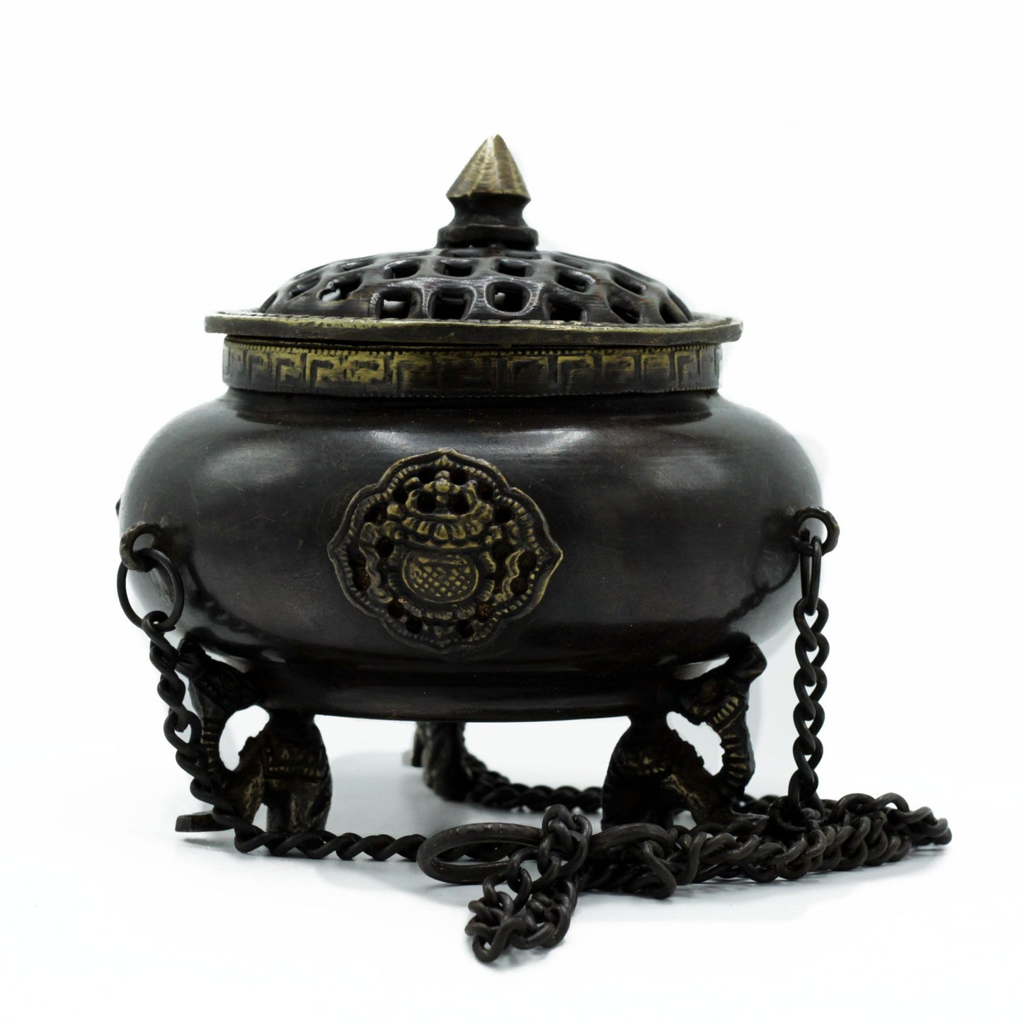 Large Tibetan Brass Burner - Four Symbols Hanging Vessel