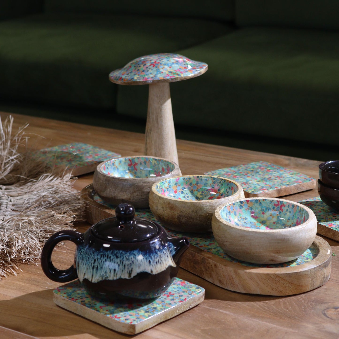 Plateau en bois de manguier avec 3 bols - Motif carreaux méditerranéens