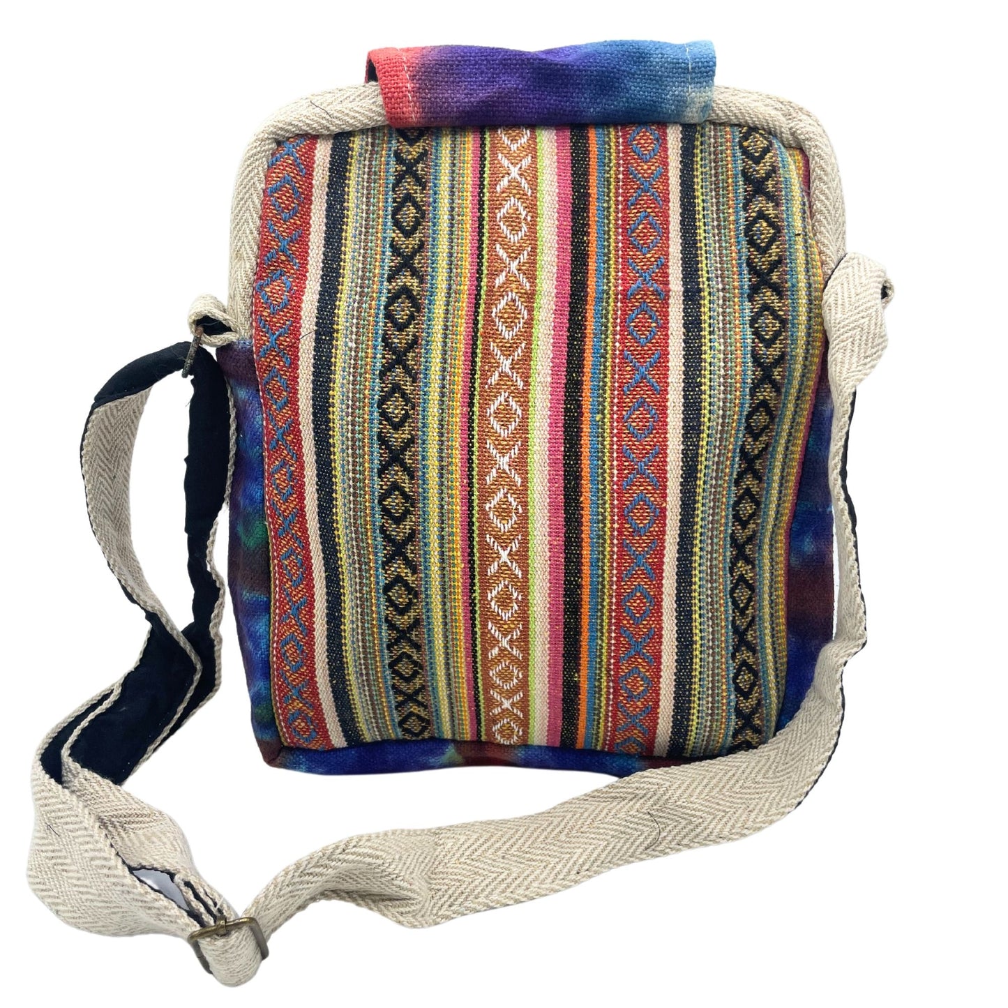 Dyed hemp crossbody bag with 2 zippers and flap