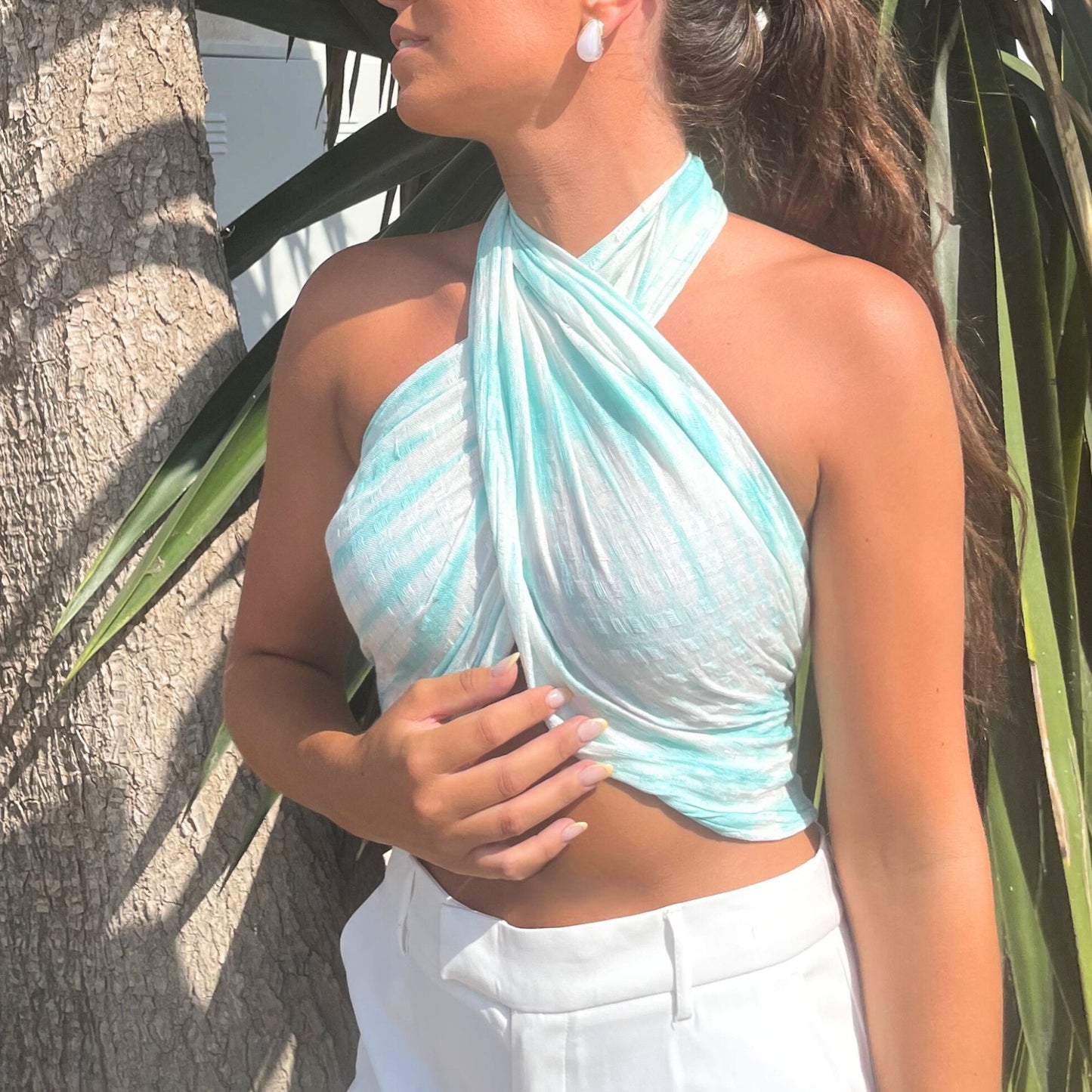 Estola/Bufanda de arte bohemio de Java - Rayas turquesa y motivo - 62x200 cm