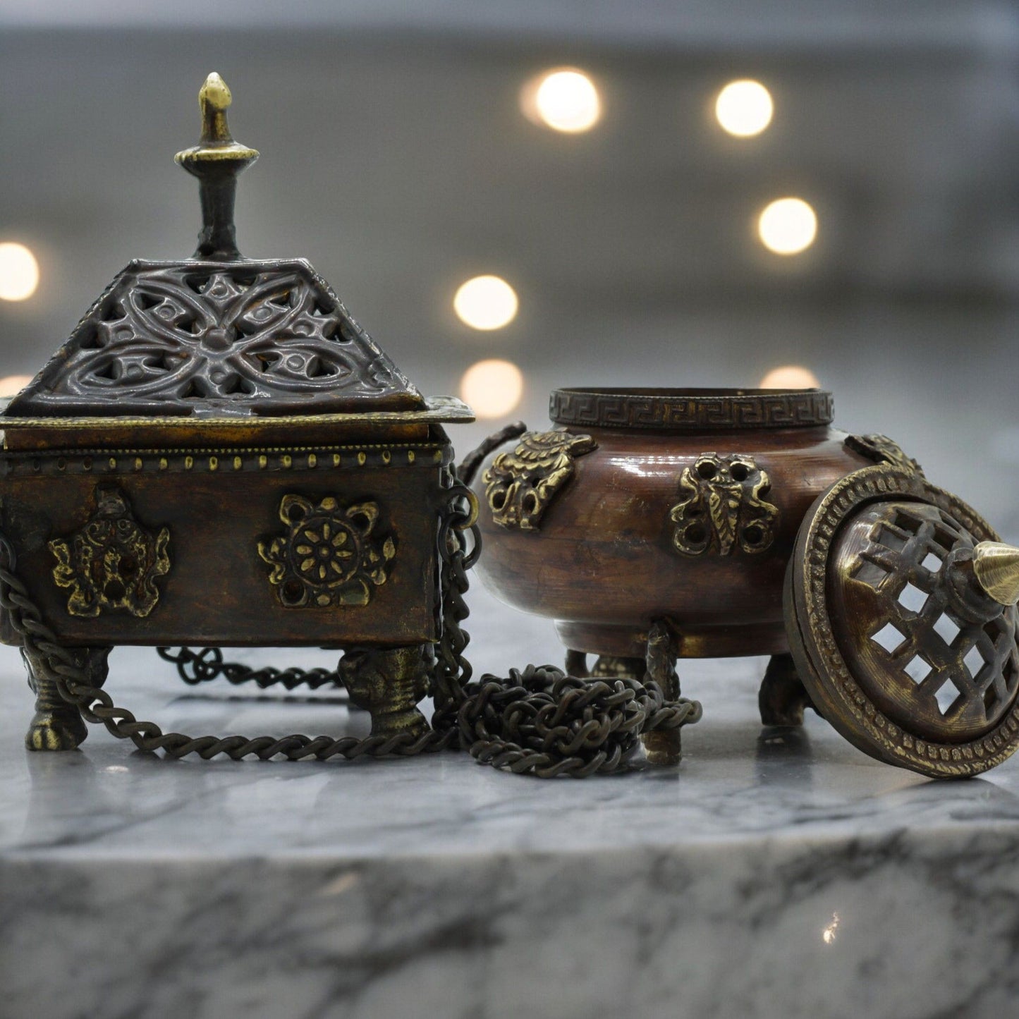 Tibetan Brass Incense Burner - Six Symbols Standing Pot