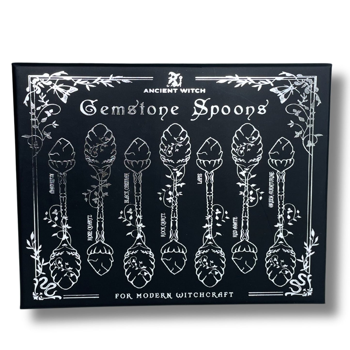 Set of 7 Dark Silver Gemstone Crystal Witch Spoons