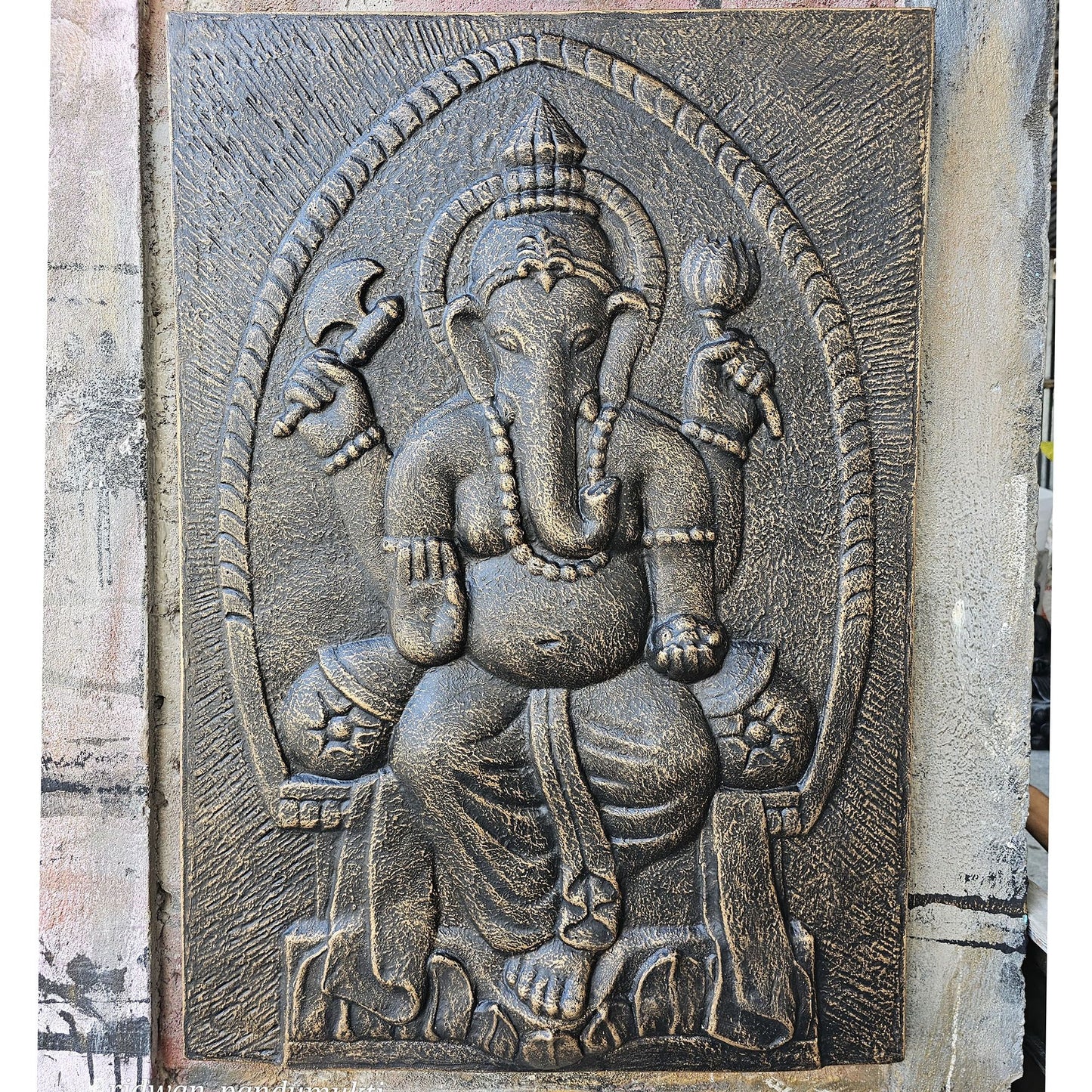 Large Ganpati Fibrotic Cement Frame Antique Gold Relief- 0.7x1m