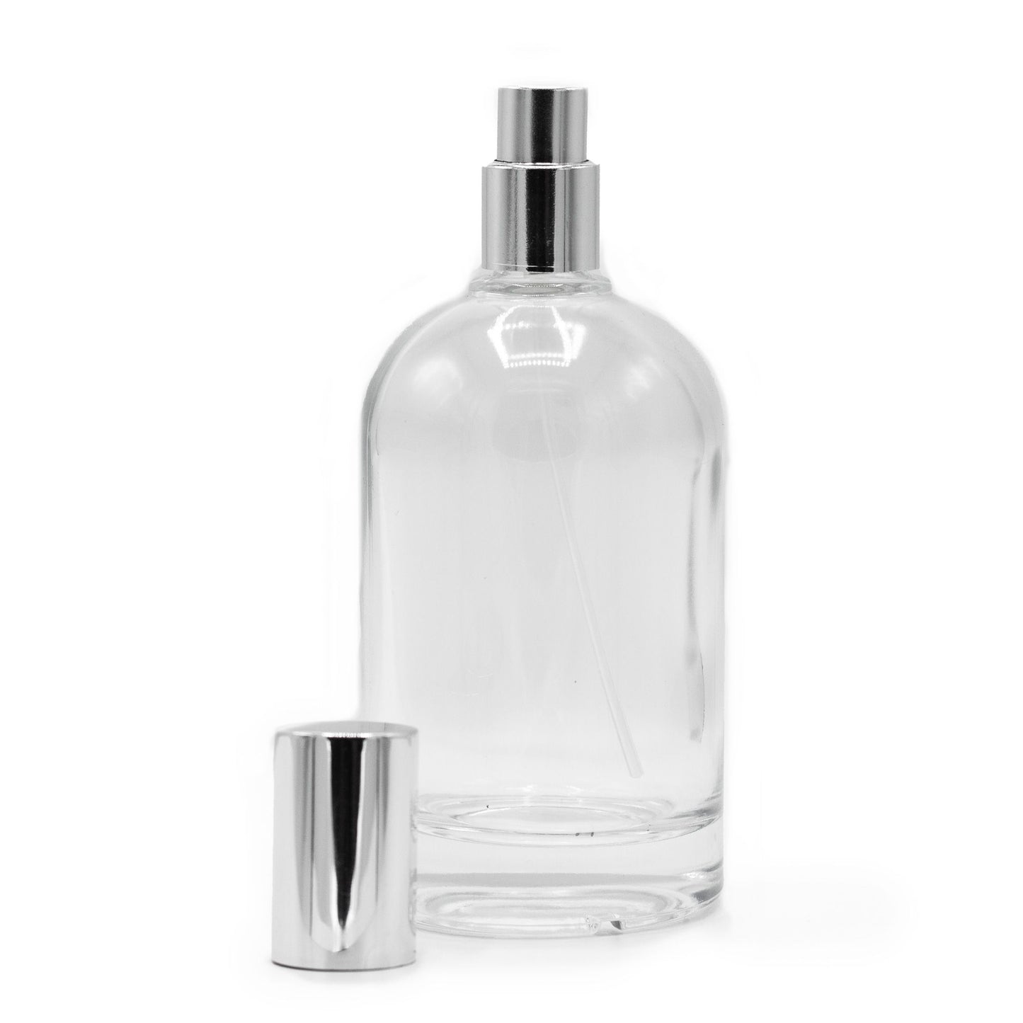 100ml thick round bottle, silver spray and cap