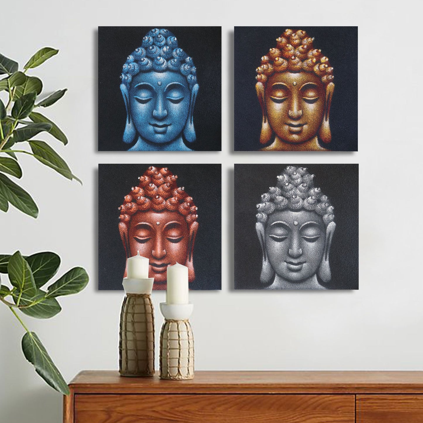 Set of 4 Buddha Head Details in Sand 40x40cm