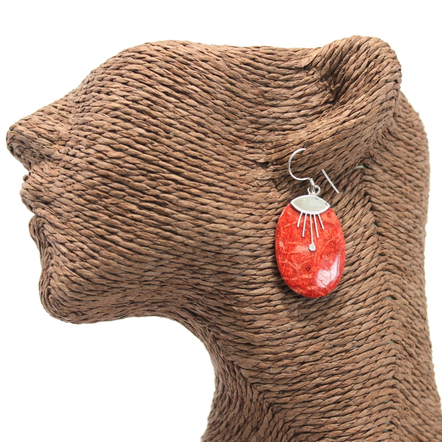 Silver and coral earrings - Oval