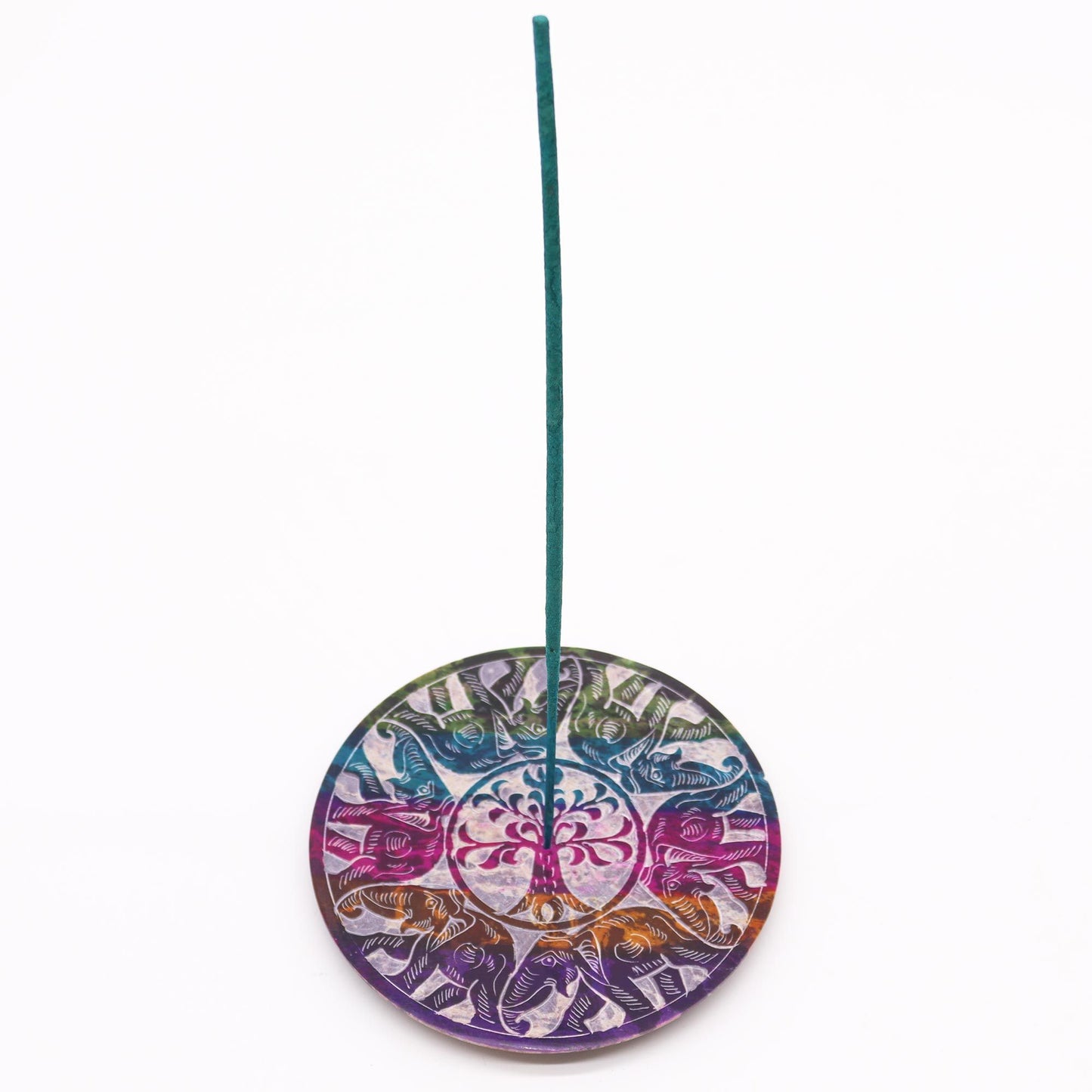 Soapstone Disc Incense Holder 12cm - 6 Lucky Elephants