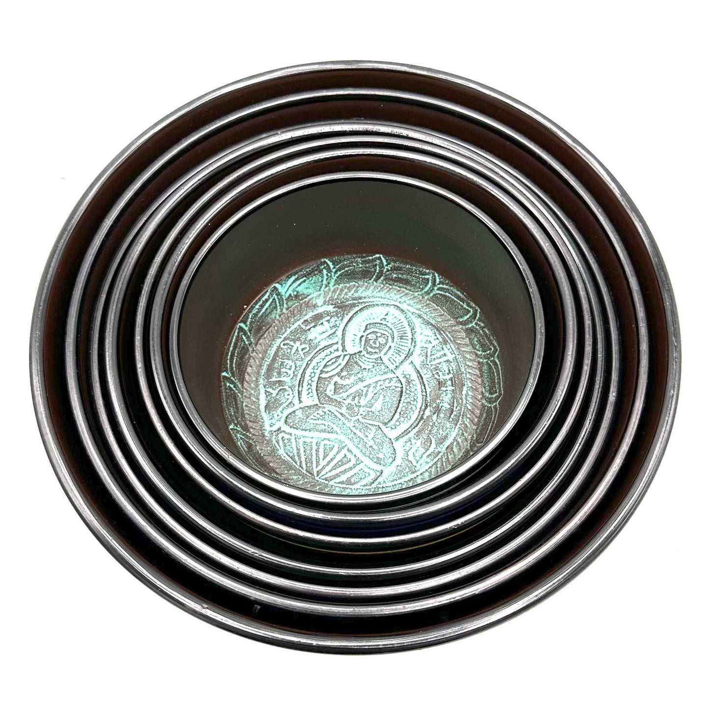Large set of seven Tibetan singing bowls for chakras (19.5-35 cm)