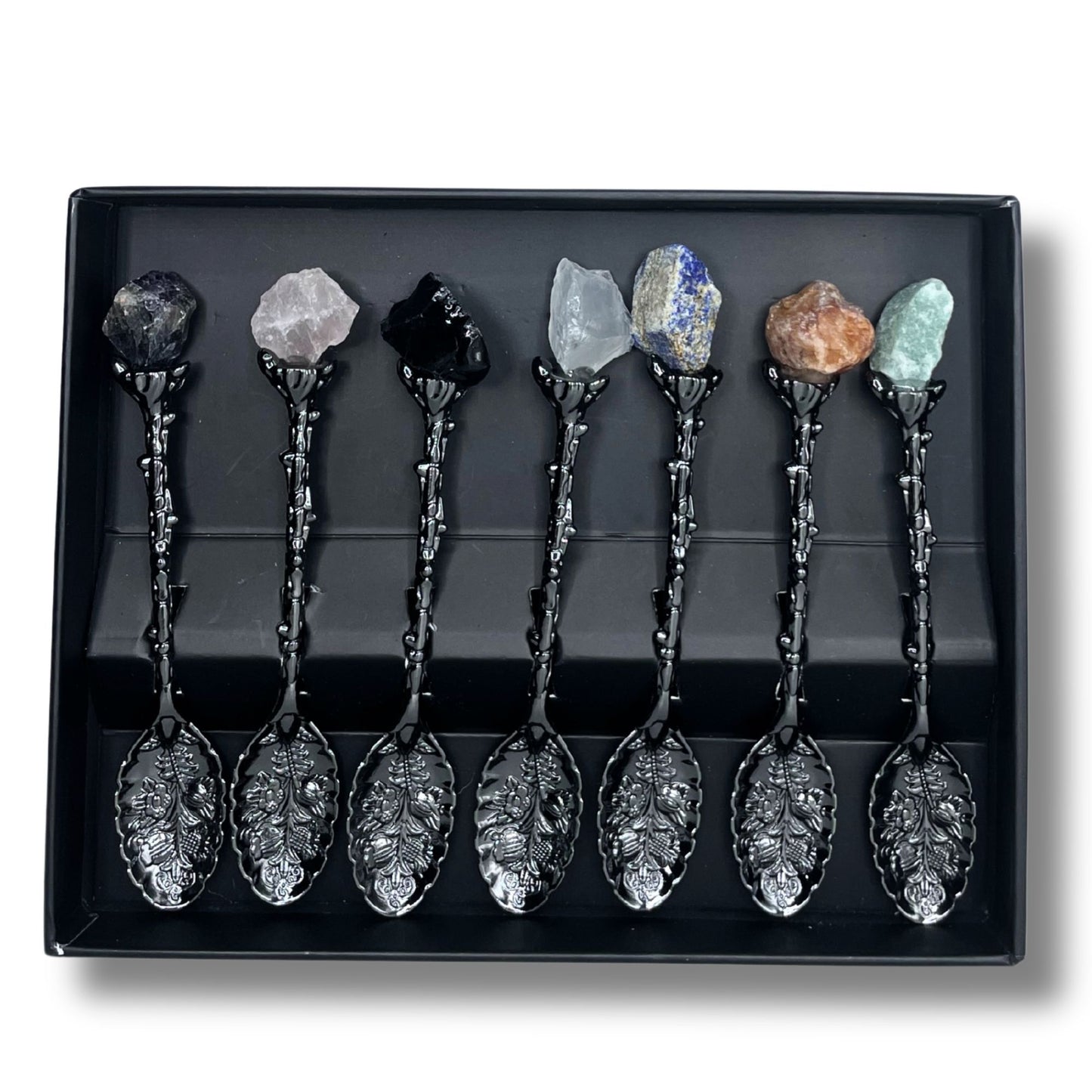Set of 7 Dark Silver Gemstone Crystal Witch Spoons