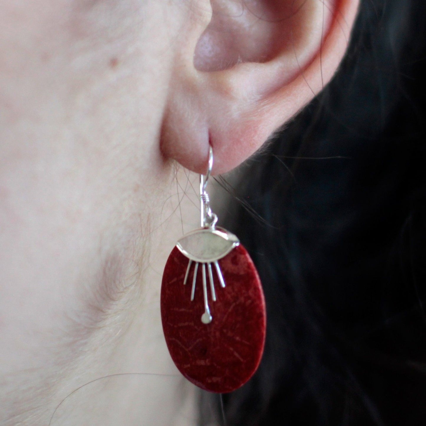 Silver and coral earrings - Oval