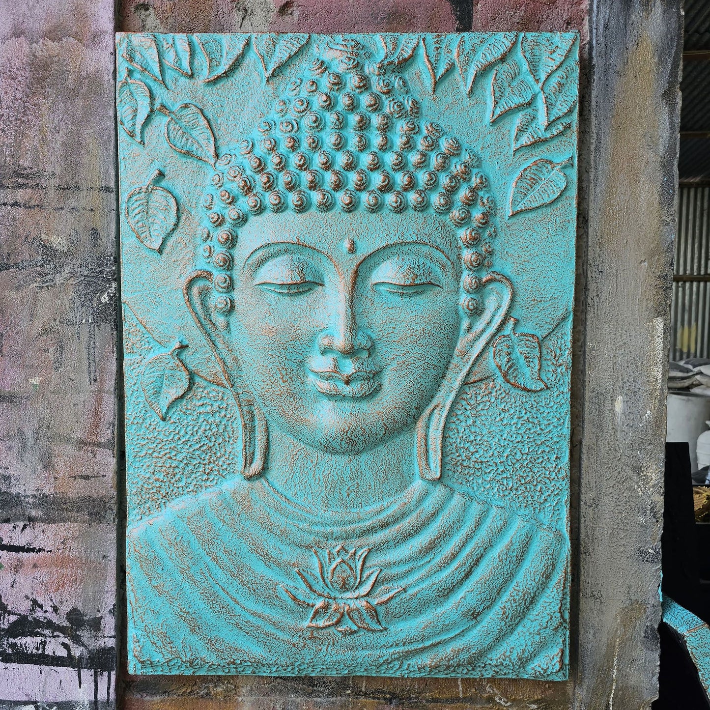 Large Buddha Fibrotic Cement Frame Turquoise Relief - 0.7x1m