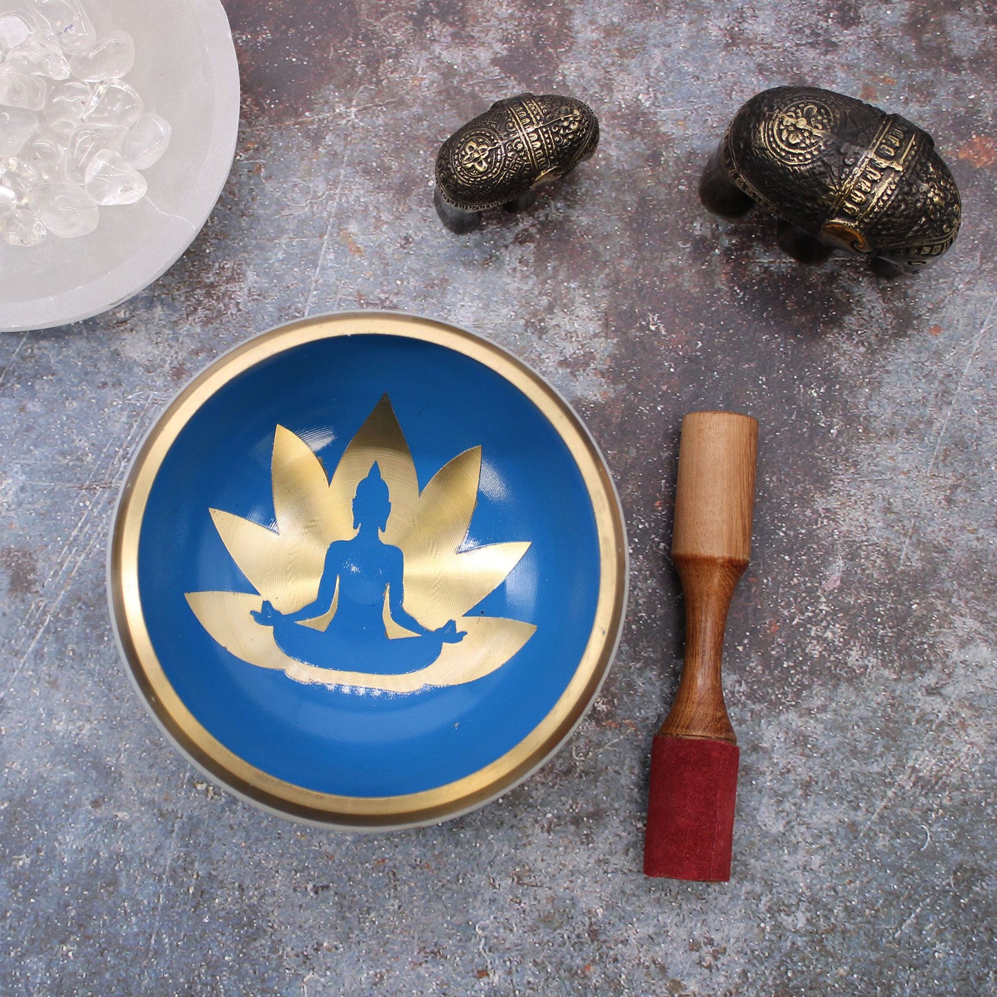 Large Tibetan Singing Bowl Set - Yoga Movement - White/Blue 14cm