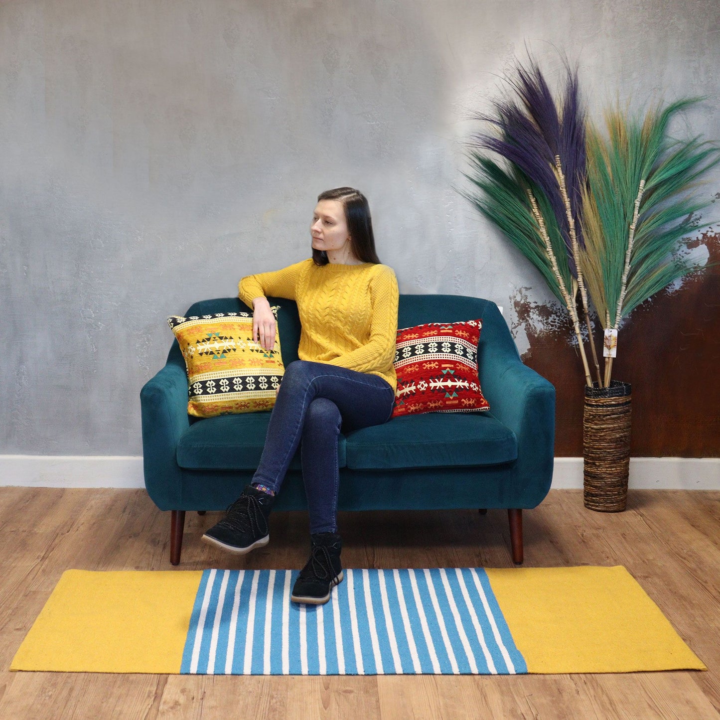 Indian Cotton Rug - 70x170cm - Yellow/Blue