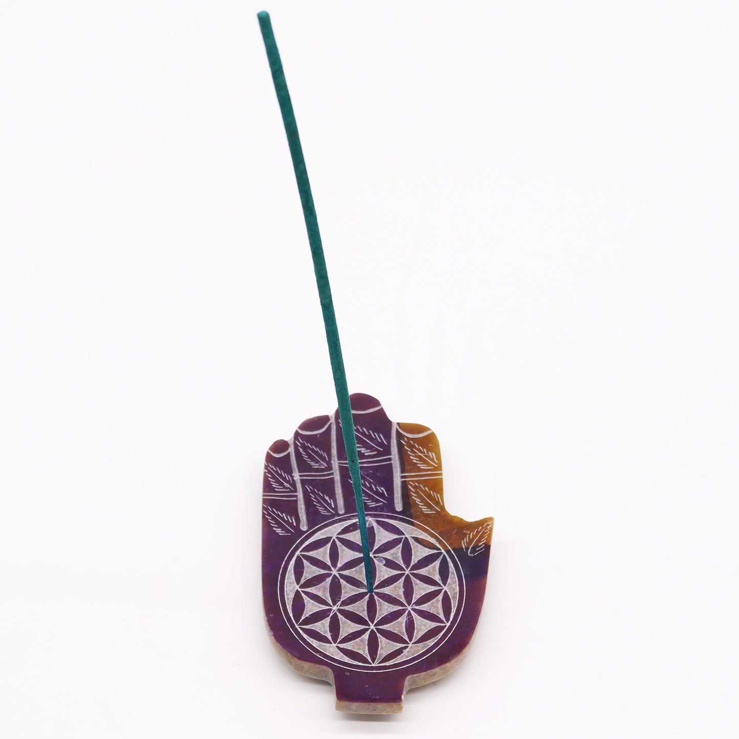 Medium Hamsa Steatite Incense Holder 13x9cm - Flower of Life
