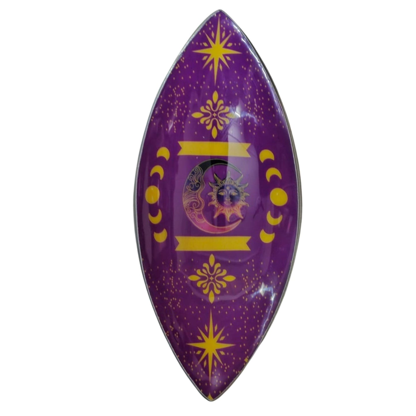 Enameled aluminum incense holder with phases of the sun and moon in purple tones.