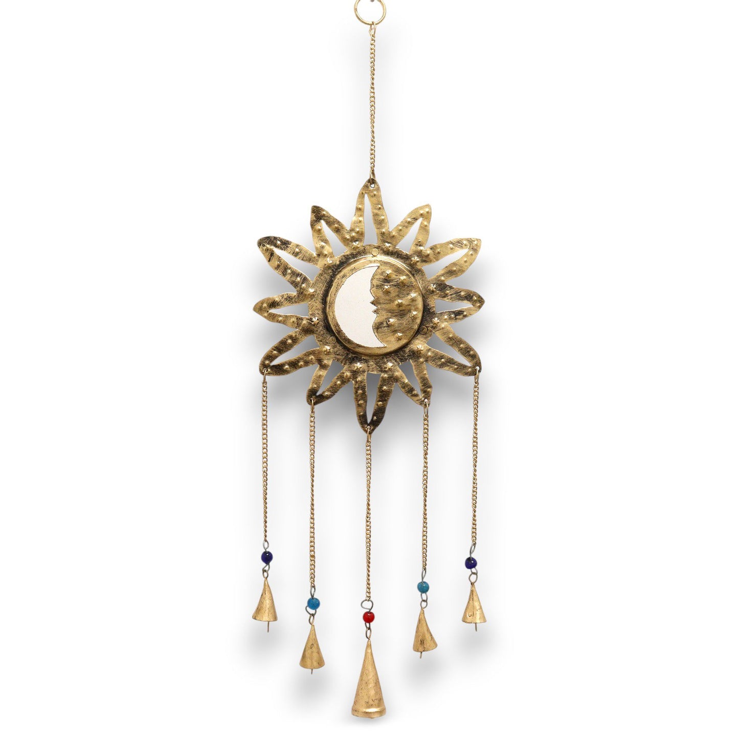 Petit miroir indien à 5 clochettes soleil et lune - 12 x 65 cm