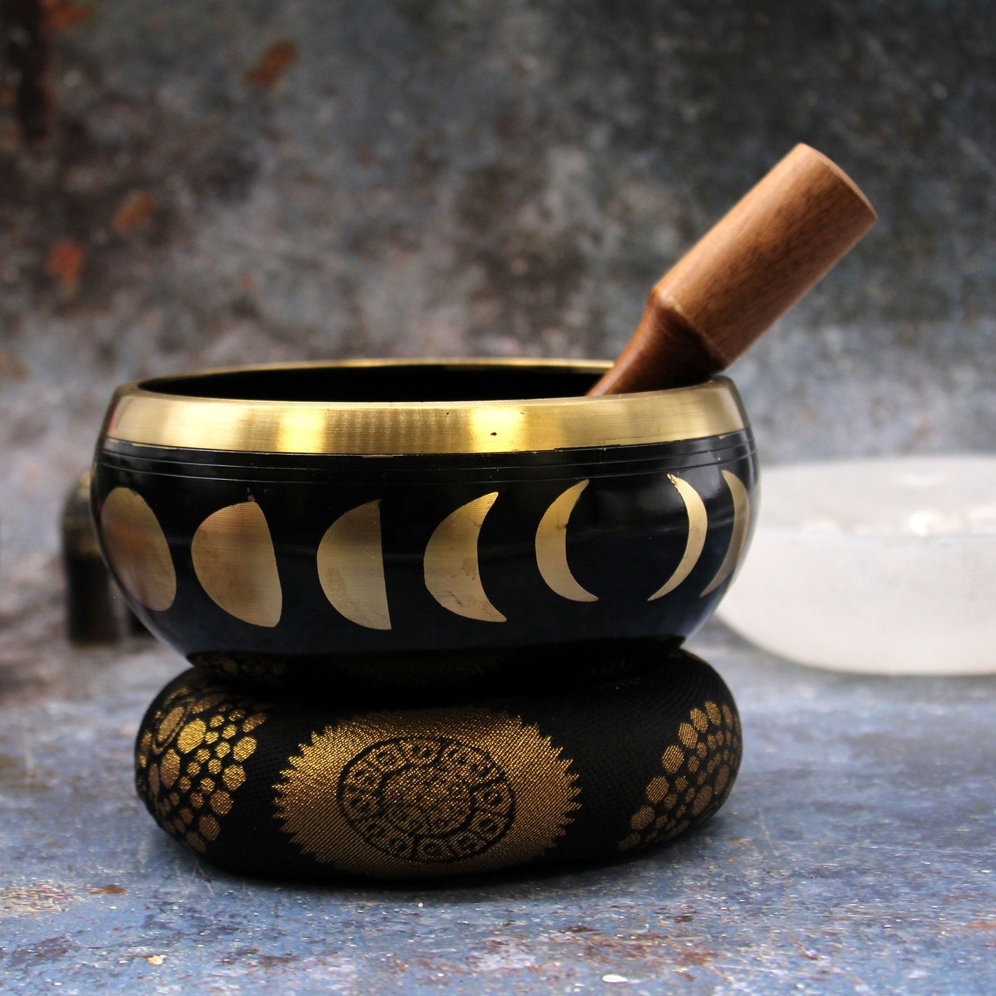 Large Tibetan Singing Bowl Set - Moon Phase - Black 14cm