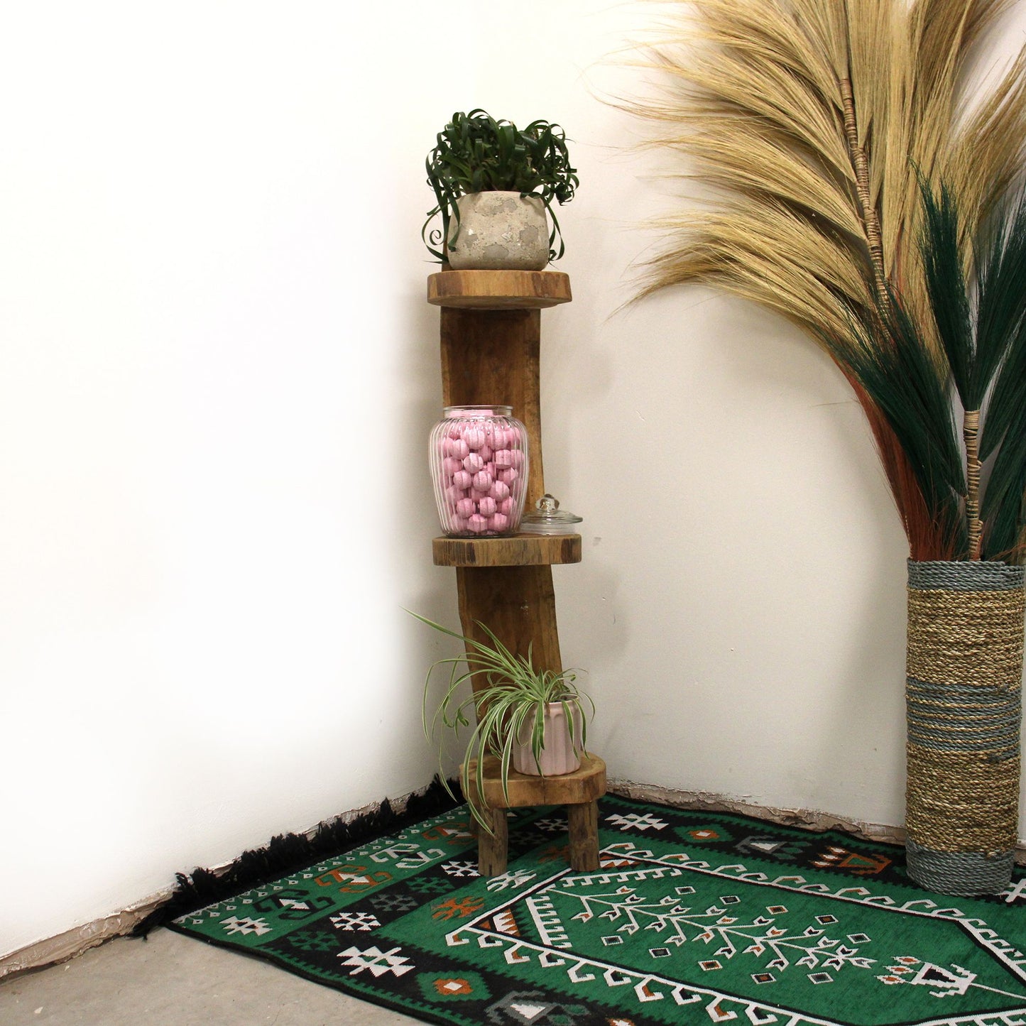 Natural Teak Log Rack Display 3 Shelves 100cm Height