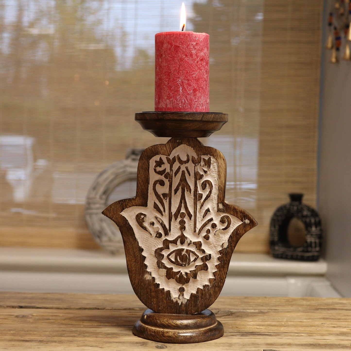 Mango Wood Candlestick - Hamsa - Small 18x11cm