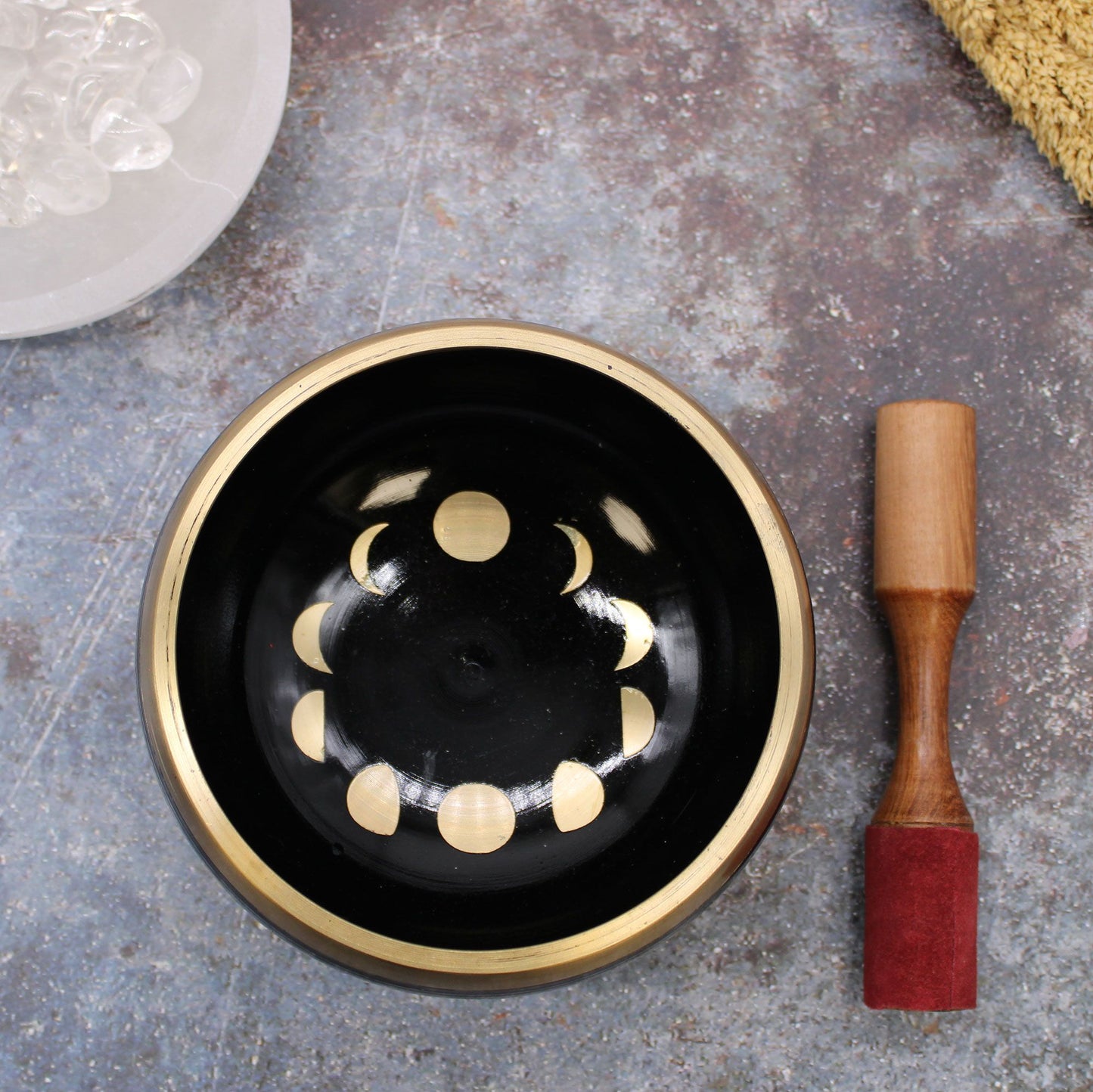 Large Tibetan Singing Bowl Set - Moon Phase - Black 14cm