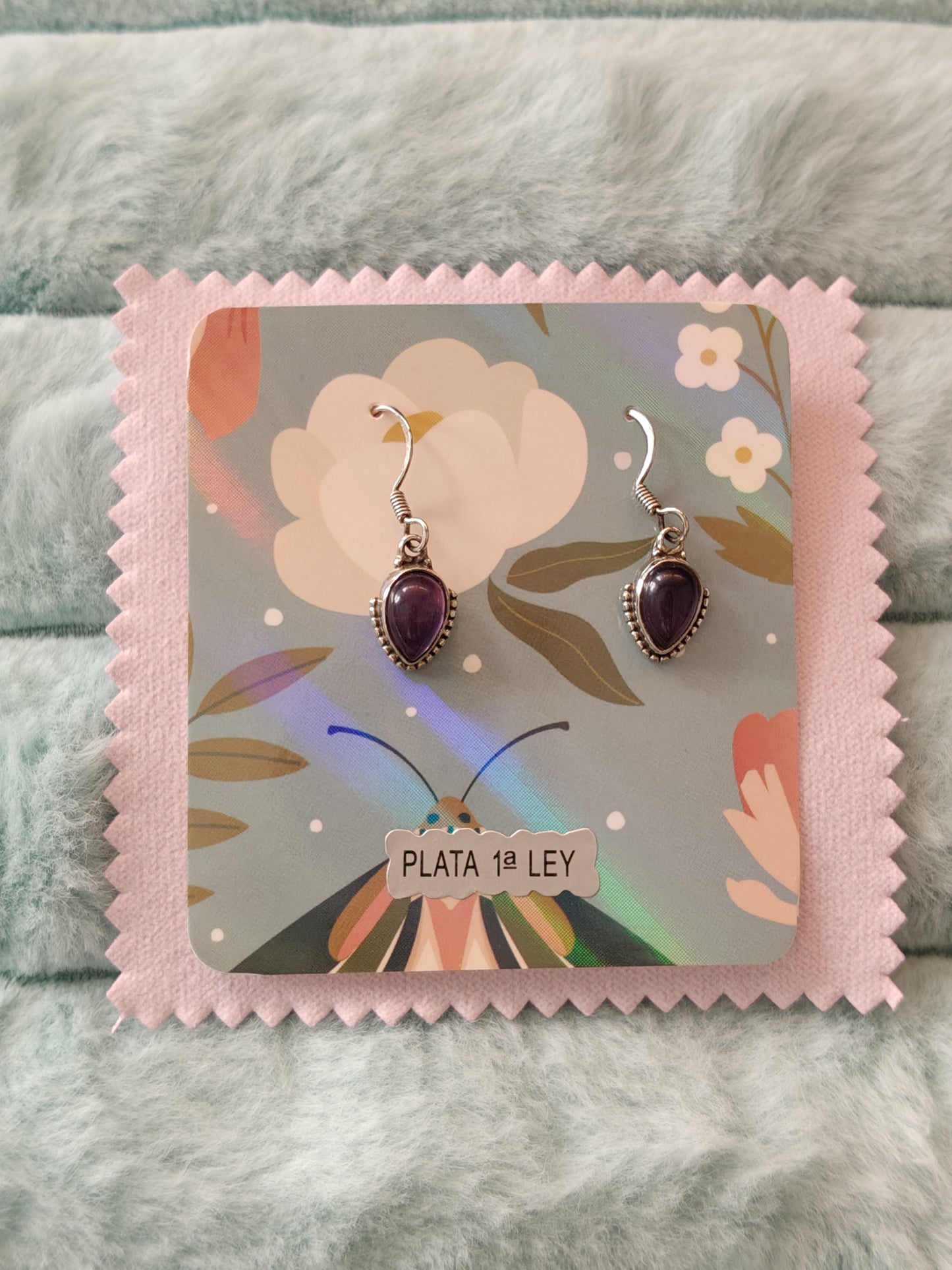 Pendientes plata de ley con piedra natural Amatista( incluye gamuza para limpiar plata)