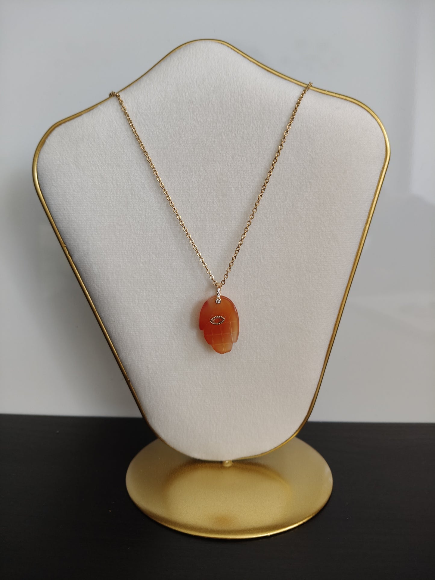 Collar acero inoxidable con piedra natural ágata Mano de Fátima