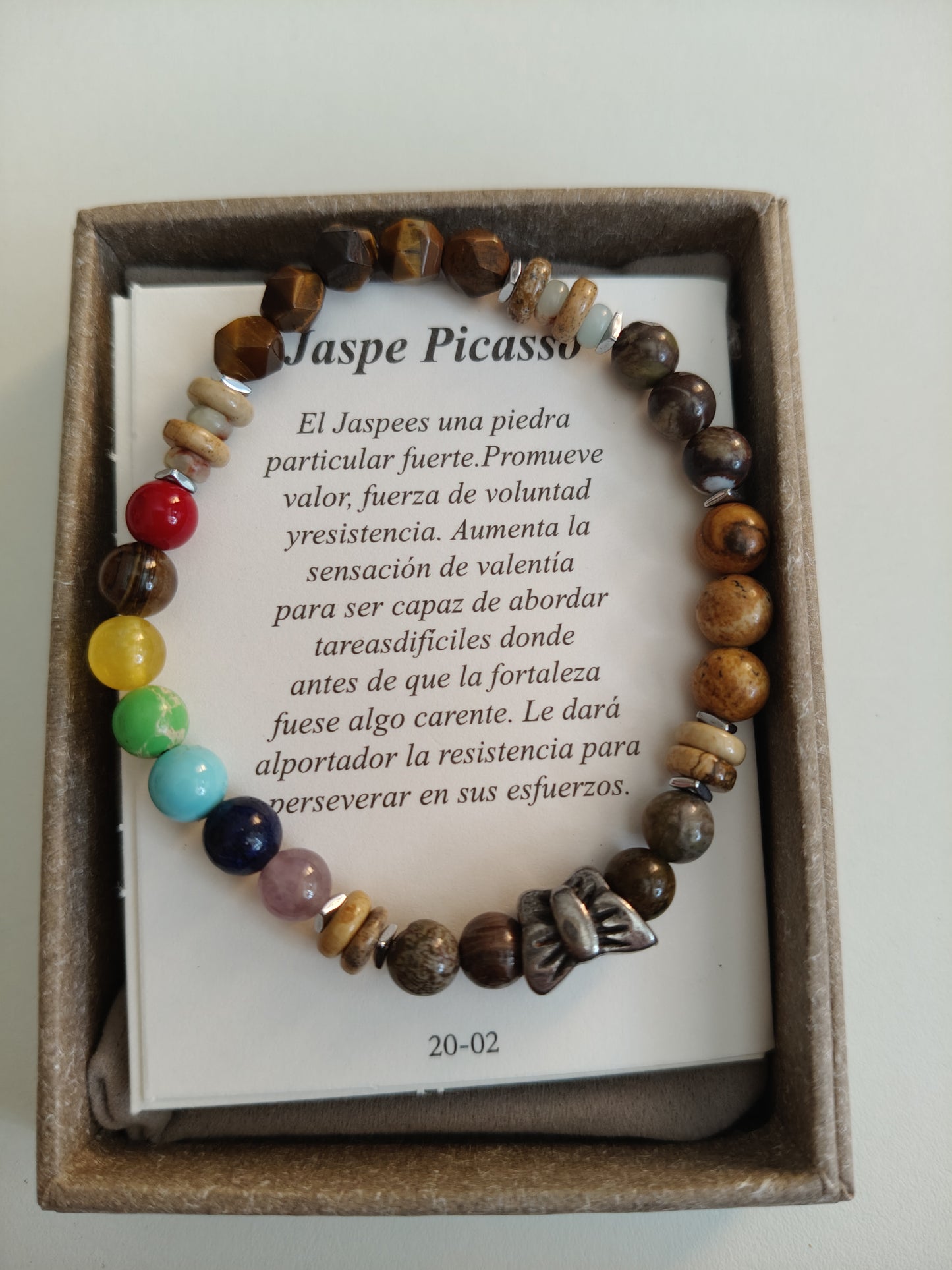 Bracelet en jaspe Picasso avec 7 pierres de chakra (comprend une boîte, un sac en velours et des cartes explicatives)