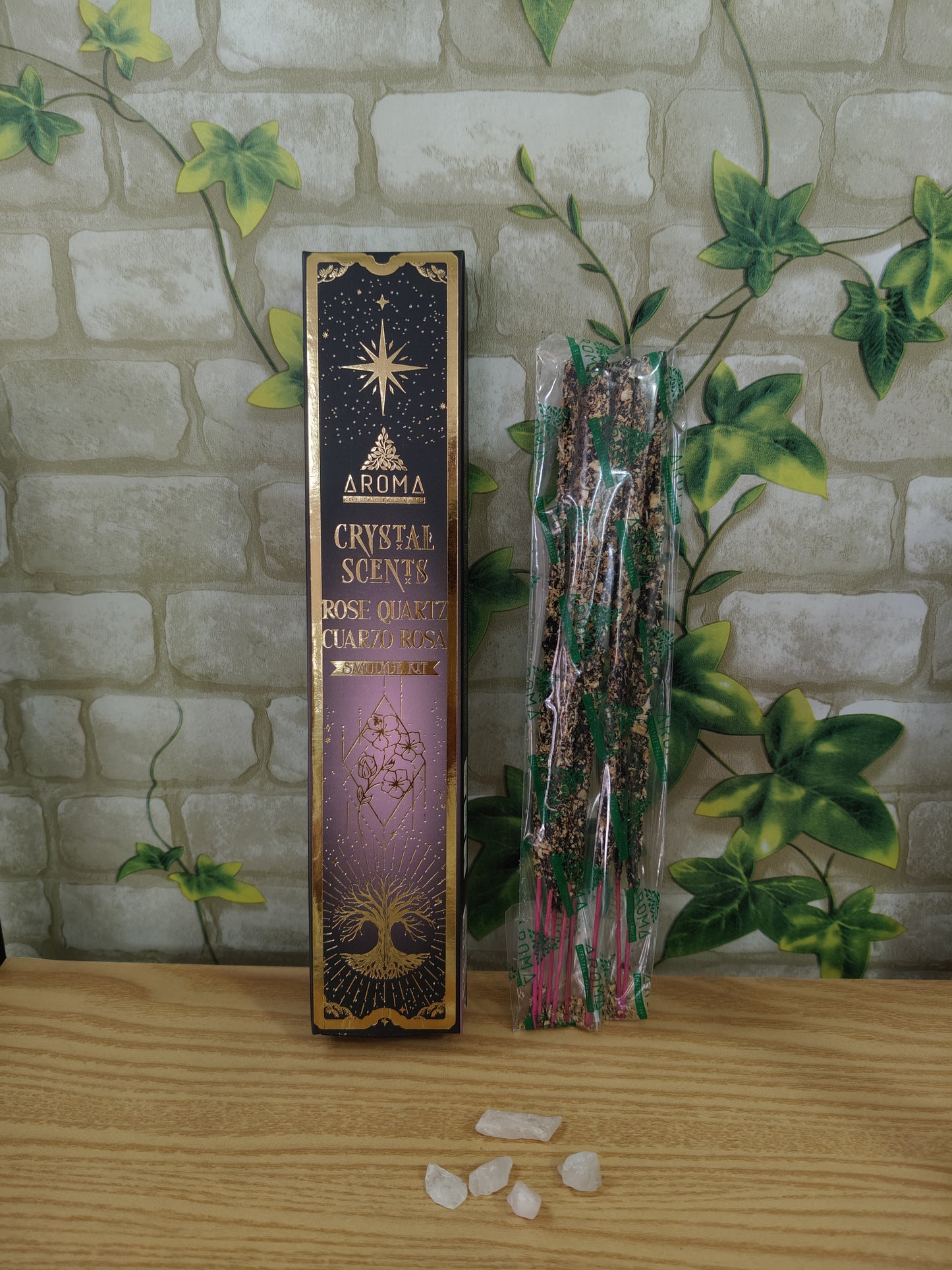Encens au quartz rose Crystal Scents 8 bâtonnets + éclats de quartz rose