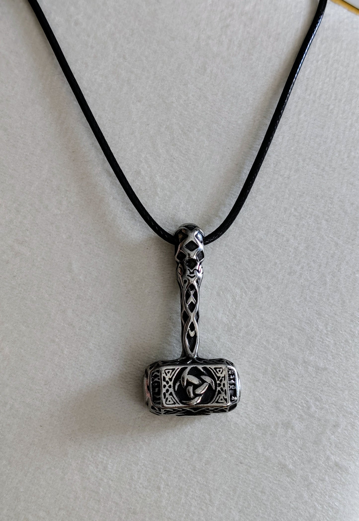 Thor's hammer pendant in stainless steel and waxed cord