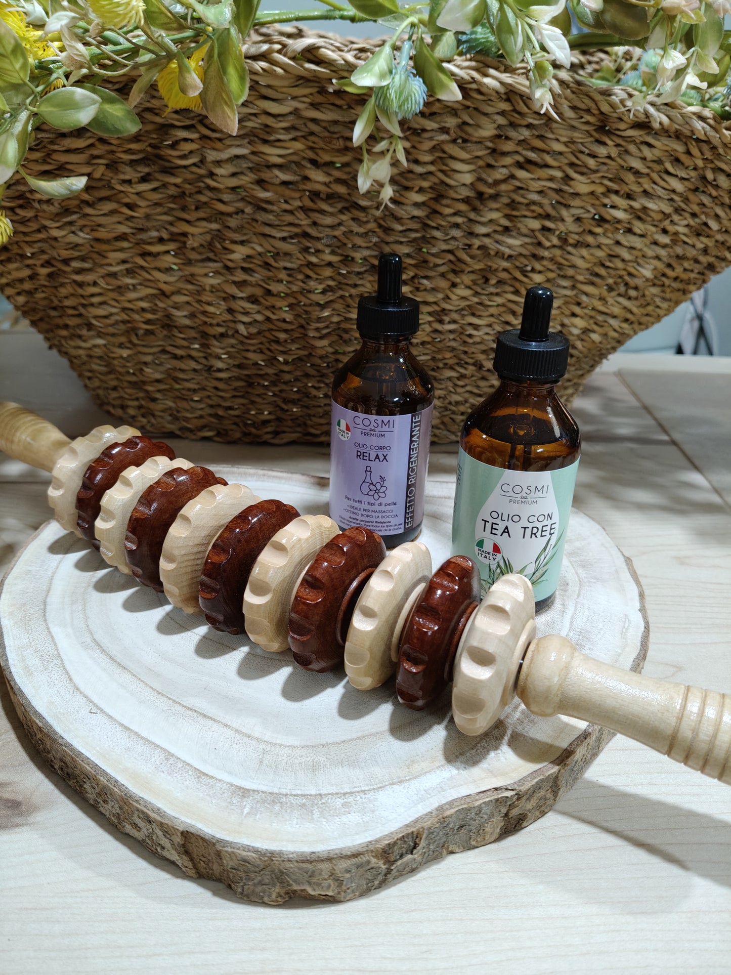 Wooden massage roller with 11 wheels 41cm (oils not included)