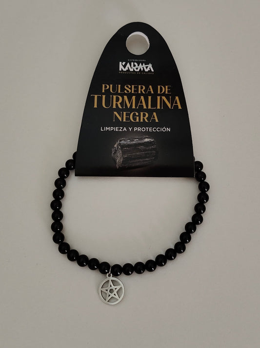 Pulsera elástica piedra natural Turmalina con dijes de acero