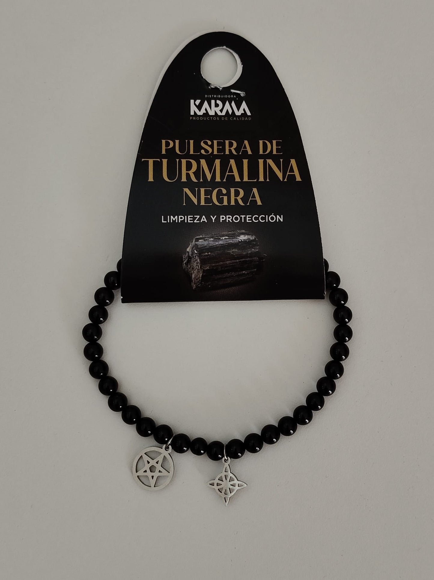 Pulsera elástica piedra natural Turmalina con dijes de acero