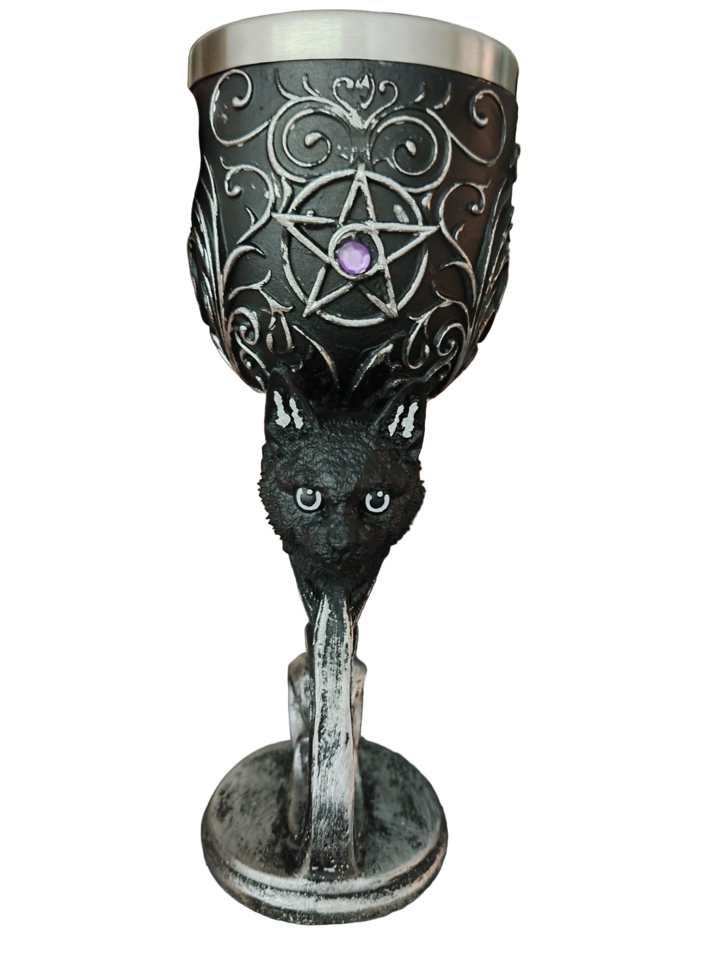 Ceremonial chalice with cat's head, pentacle and transmuting gem 18.5x7.5cm