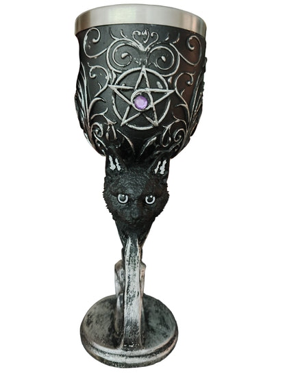 Ceremonial chalice with cat's head, pentacle and transmuting gem 18.5x7.5cm