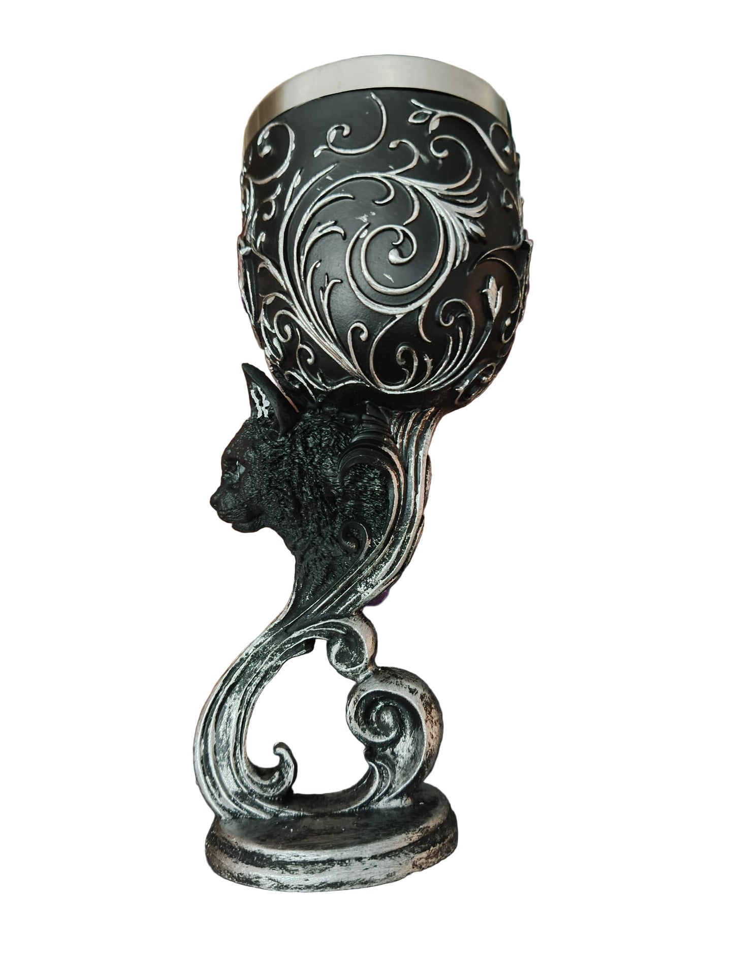 Ceremonial chalice with cat's head, pentacle and transmuting gem 18.5x7.5cm