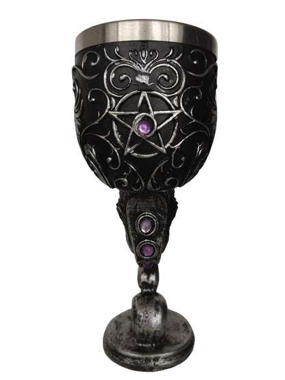 Ceremonial chalice with cat's head, pentacle and transmuting gem 18.5x7.5cm