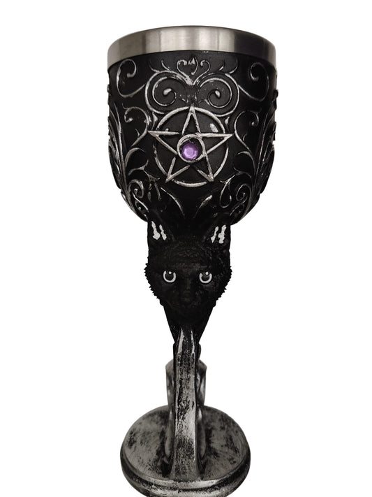 Ceremonial chalice with cat's head, pentacle and transmuting gem 18.5x7.5cm