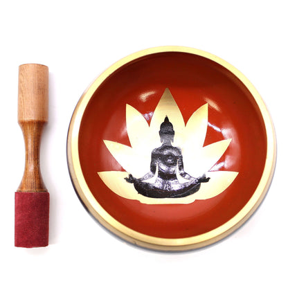 Large Tibetan Singing Bowl Set - Buddha - Black/Orange 14cm