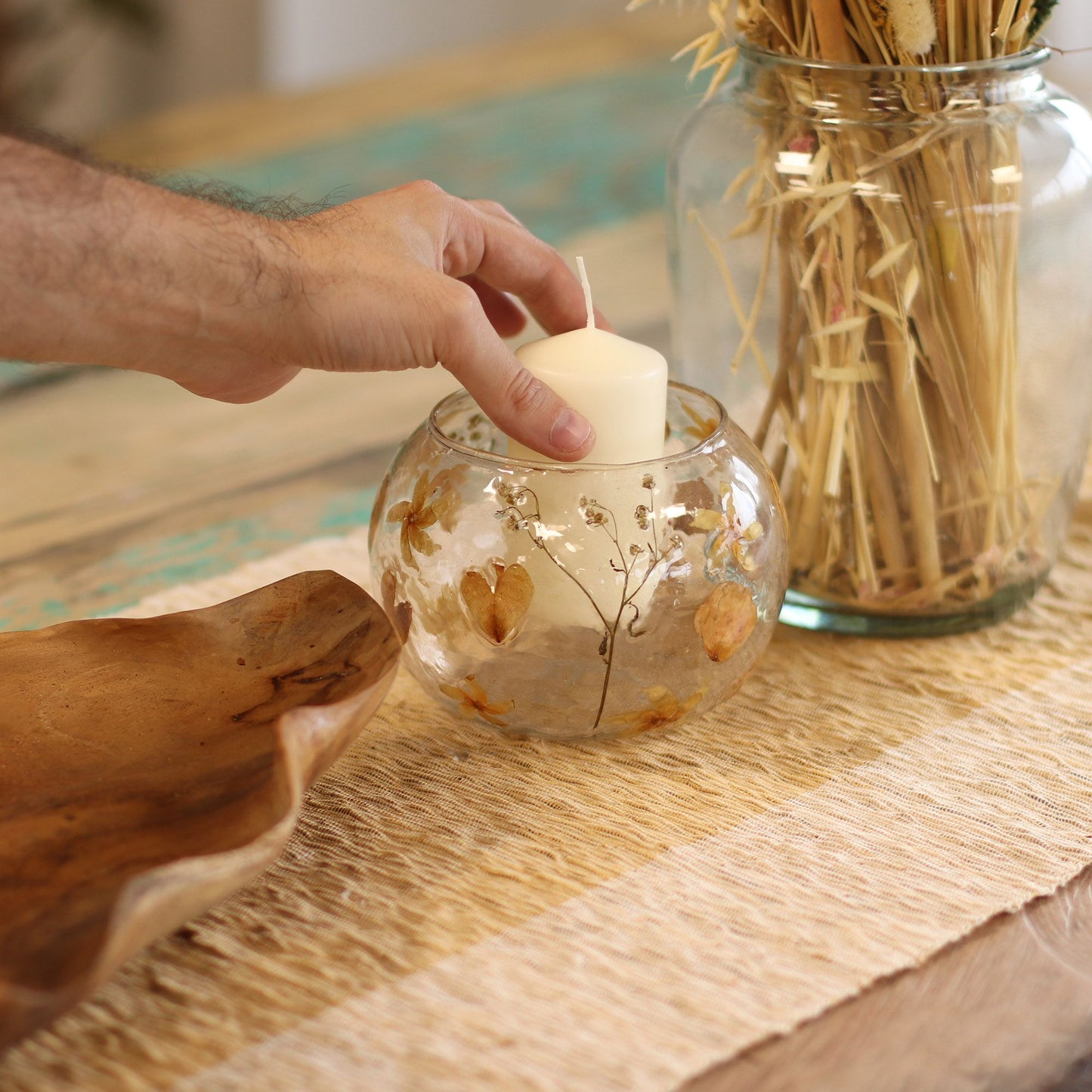 Portavelas de Vidrio floral natural - Cuenco grande rosa - (12x13cm)