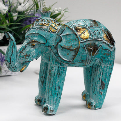 Éléphant en bois sculpté - Turquoise dorée