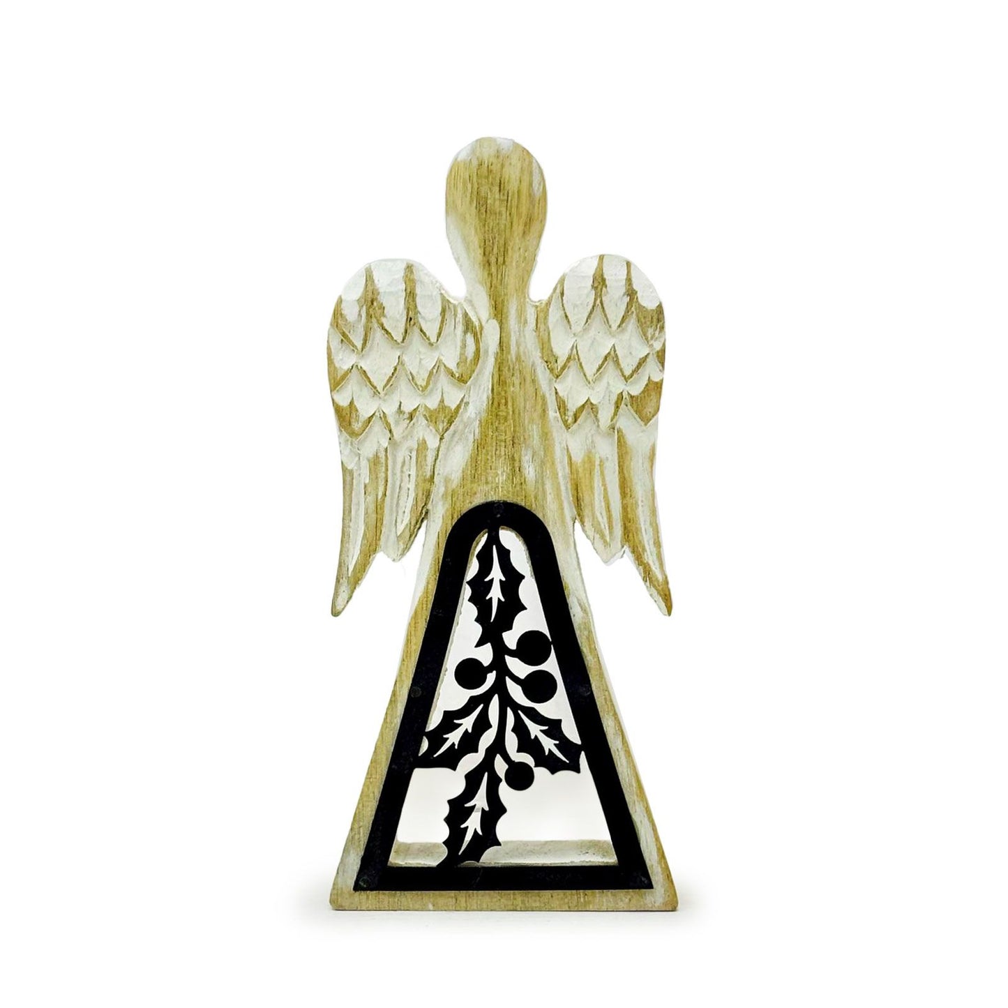 Ángel de madera de mango - Encalado con decoración de hierro recortado - 18 cm