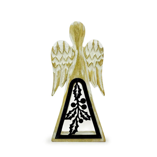 Ángel de madera de mango - Encalado con decoración de hierro recortado - 18 cm